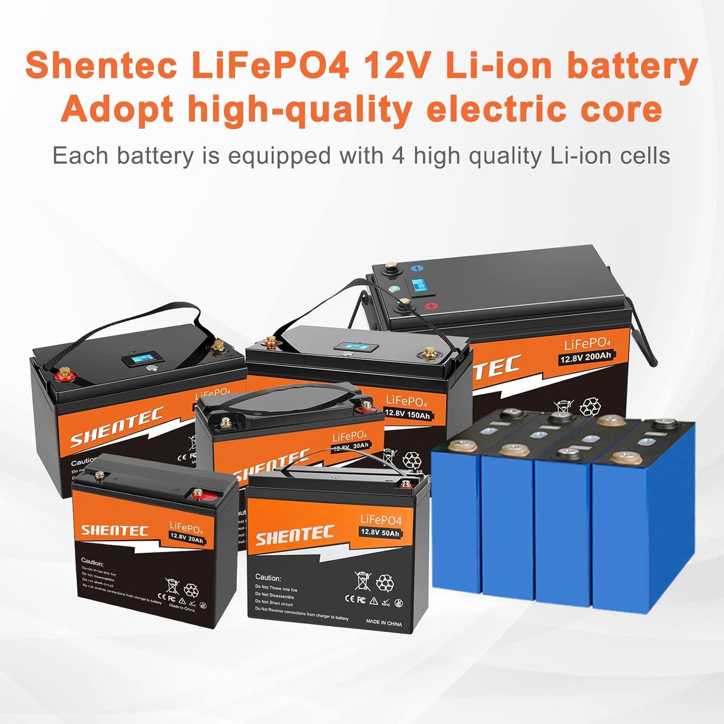 SHENTEC Batería LiFePO4 200Ah 12V de litio con BMS, pantalla LED y botón pulsador