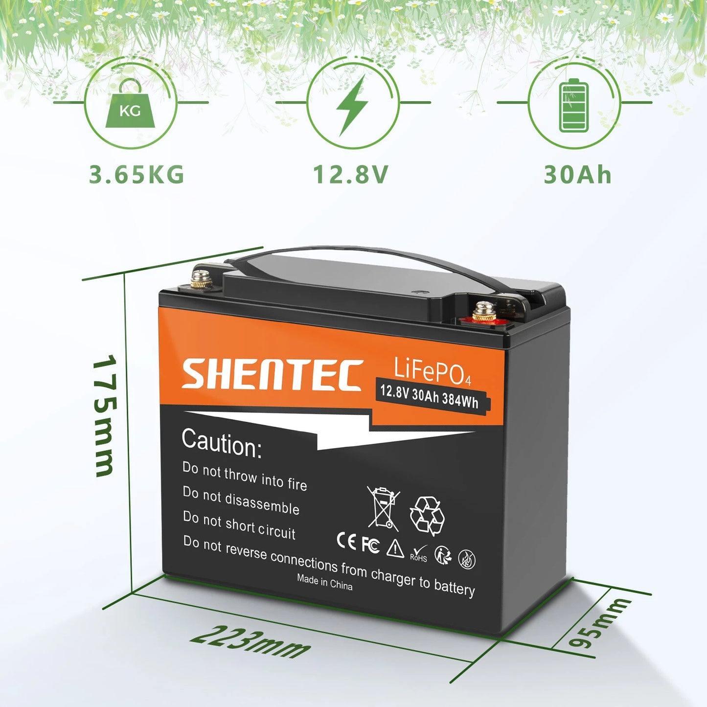 SHENTEC Batería de Litio LiFePO4 12.8V 30AH para Hogar, RV, Barco y Energía de Emergencia