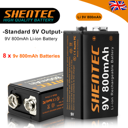 SHENTEC Paquete de 8 Pilas recargables de litio 9V 800mAh 6F22 PP3 LR22 MN1604