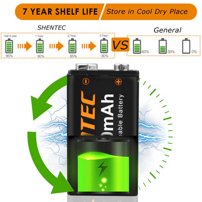 SHENTEC Paquete de 8 Pilas recargables de litio 9V 800mAh 6F22 PP3 LR22 MN1604