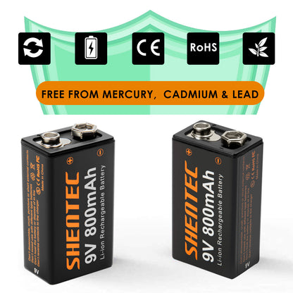 SHENTEC Paquete de 8 Pilas recargables de litio 9V 800mAh 6F22 PP3 LR22 MN1604
