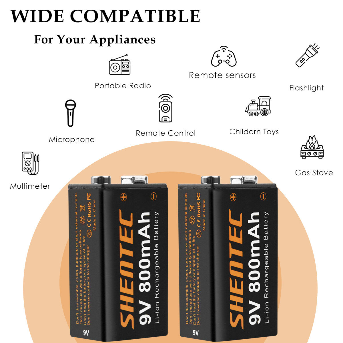 SHENTEC Paquete de 8 Pilas recargables de litio 9V 800mAh 6F22 PP3 LR22 MN1604
