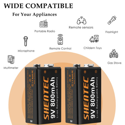 SHENTEC Paquete de 8 Pilas recargables de litio 9V 800mAh 6F22 PP3 LR22 MN1604