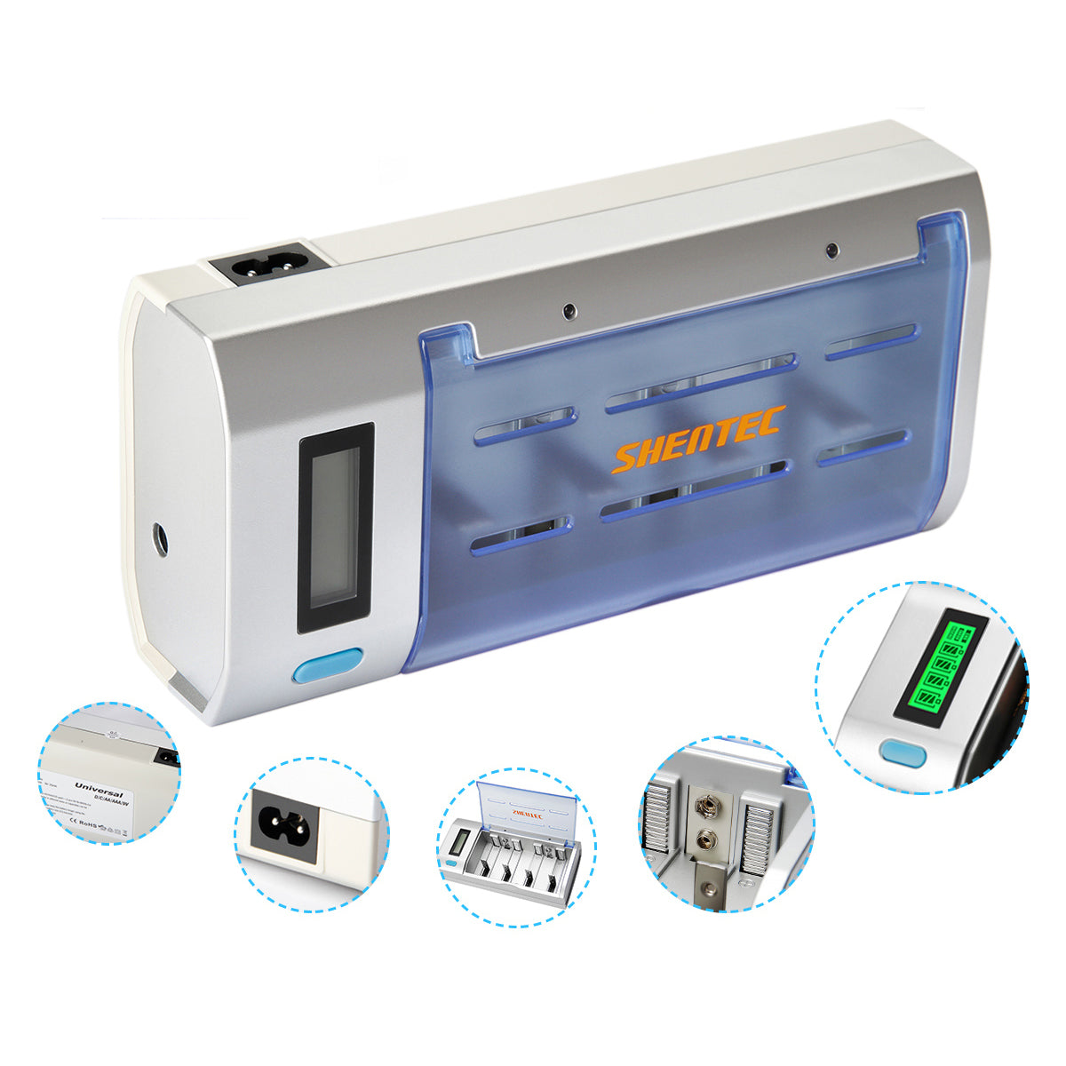 SHENTEC Cargador Universal de Baterías con LCD para AA AAA C D 9V Ni-MH Ni-Cd Recargables
