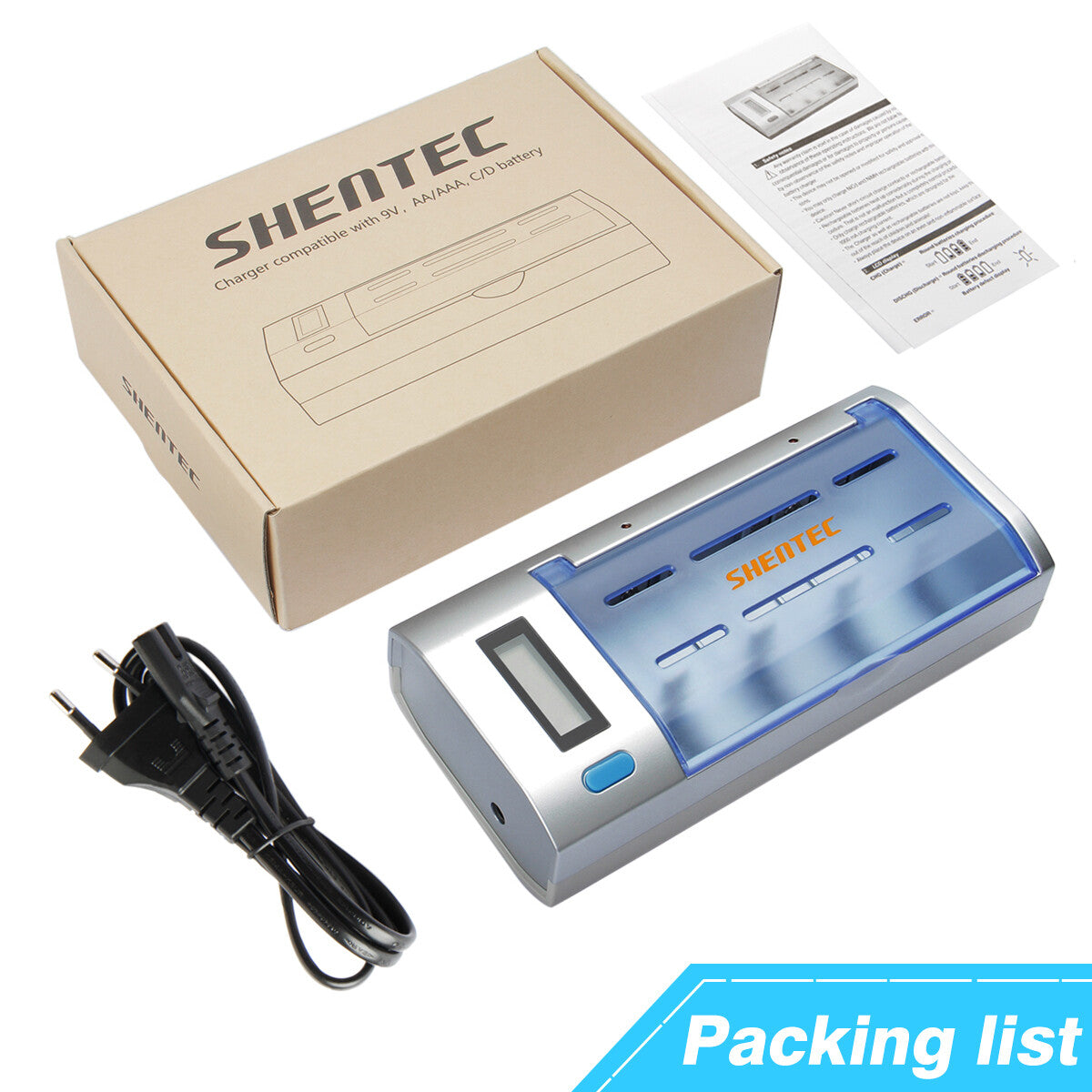 SHENTEC Cargador Universal de Baterías con LCD para AA AAA C D 9V Ni-MH Ni-Cd Recargables
