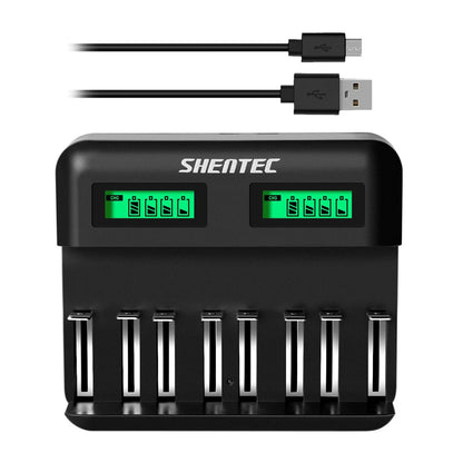 SHENTEC Cargador inteligente recargable 9V de 8 ranuras para pilas AA AAA C D Ni-MH