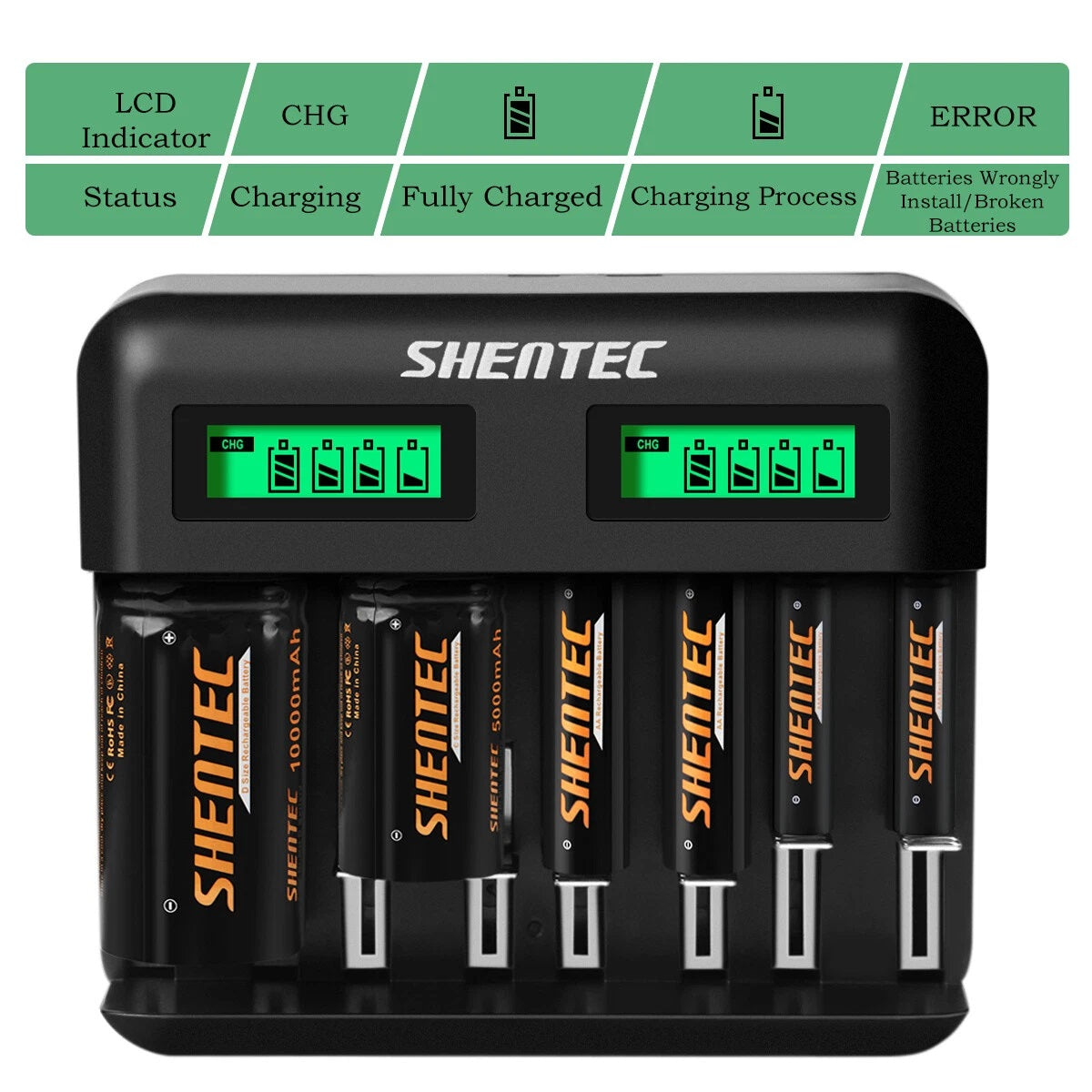 SHENTEC Cargador inteligente recargable 9V de 8 ranuras para pilas AA AAA C D Ni-MH