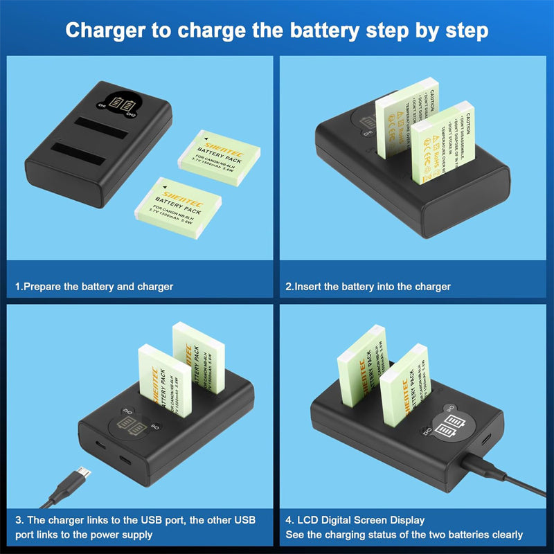 SHENTEC Batería NB-6L, NB-6LH + Cargador LCD USB para Canon PowerShot