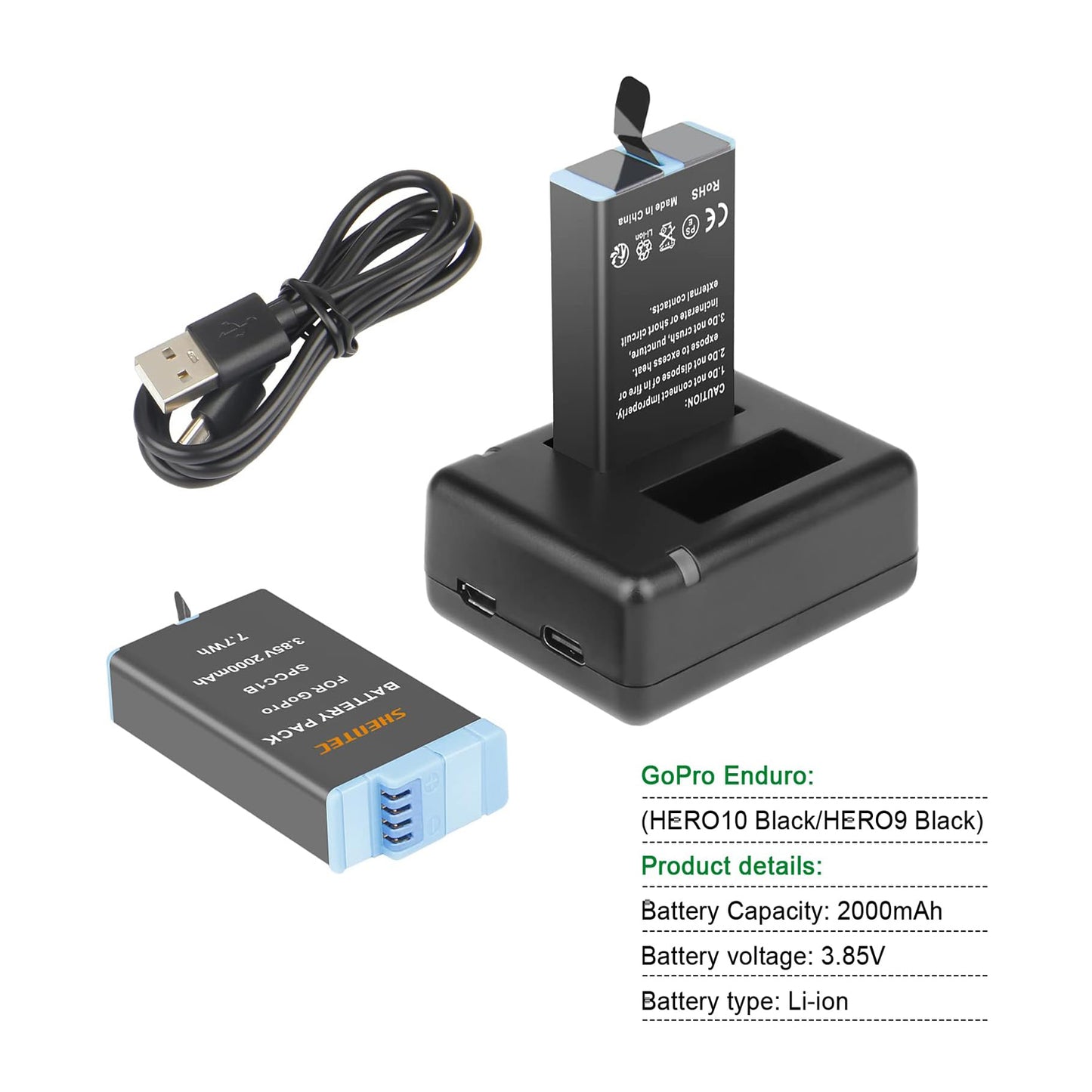 SHENTEC 3.85 V, 2000 mAh Li-Ion para batería GoPro Enduro