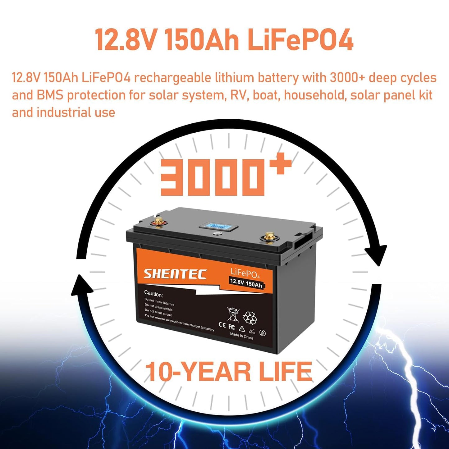 SHENTEC Batería LiFePO4 12V 150Ah litio BMS Autocaravana RV Barco