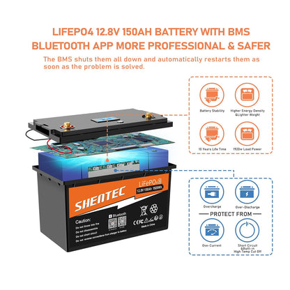 SHENTEC 12.8V 150Ah Batería De Litio LiFePO4 Con Bluetooth Para Autocaravana, Barco Y RV