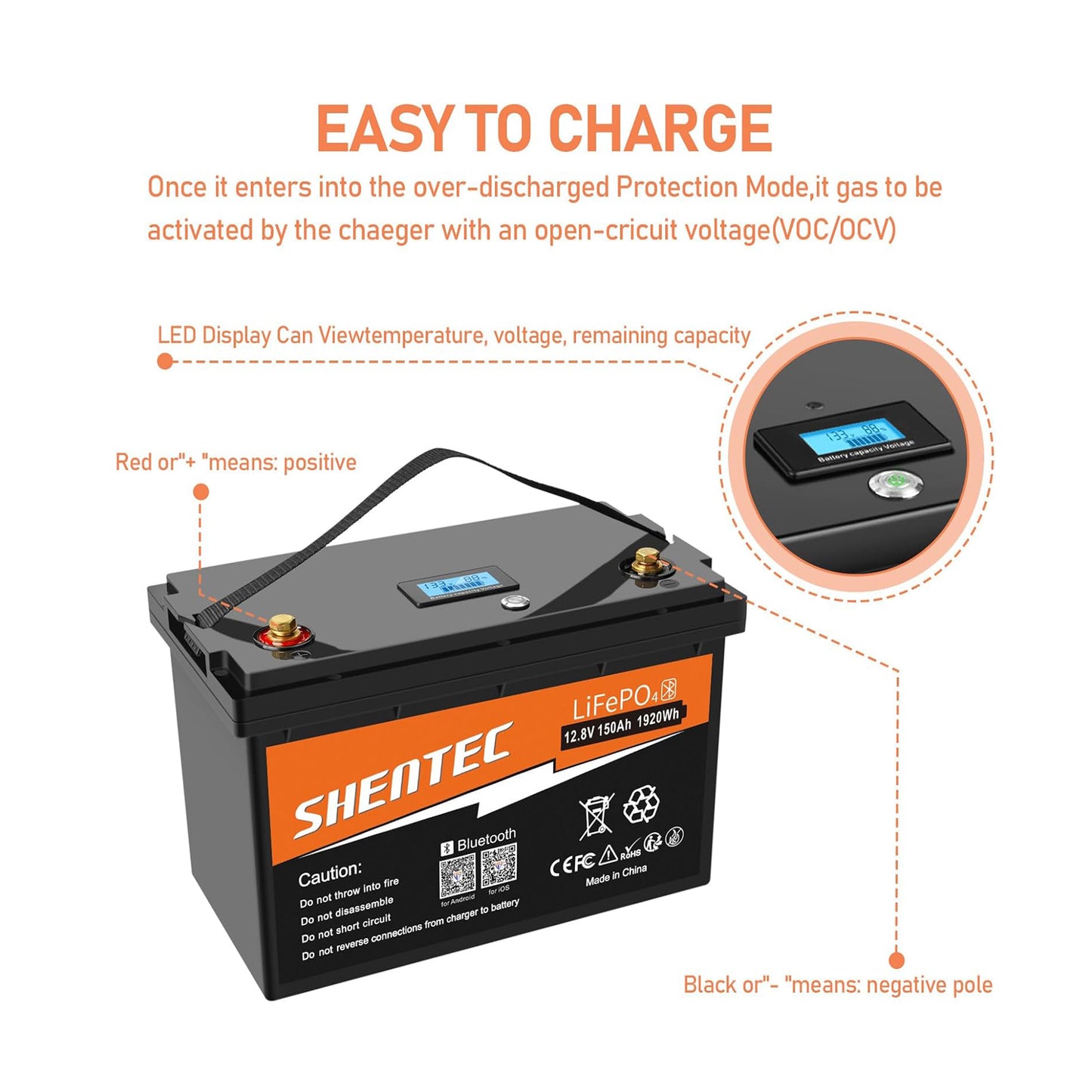 SHENTEC 12.8V 150Ah Batería De Litio LiFePO4 Con Bluetooth Para Autocaravana, Barco Y RV