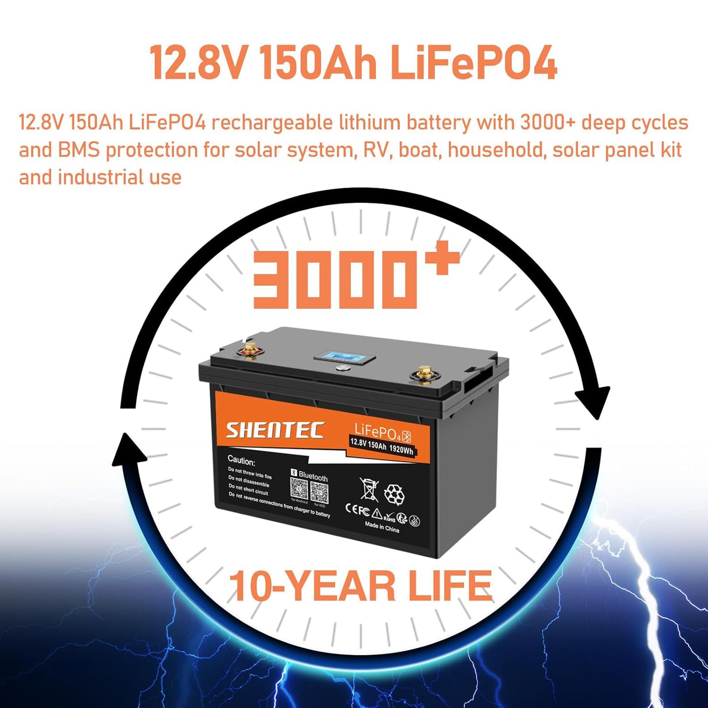 SHENTEC 12.8V 150Ah Batería De Litio LiFePO4 Con Bluetooth Para Autocaravana, Barco Y RV