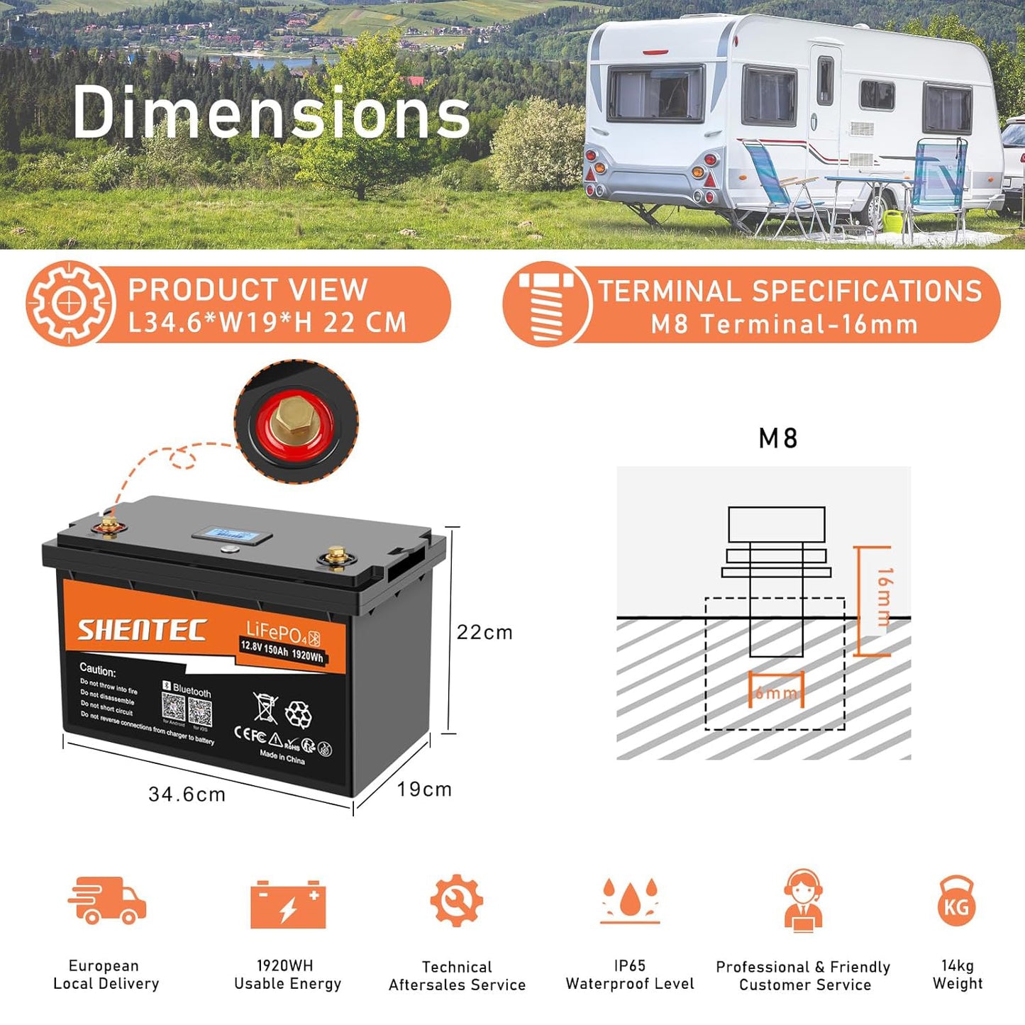 SHENTEC 12.8V 150Ah Batería De Litio LiFePO4 Con Bluetooth Para Autocaravana, Barco Y RV