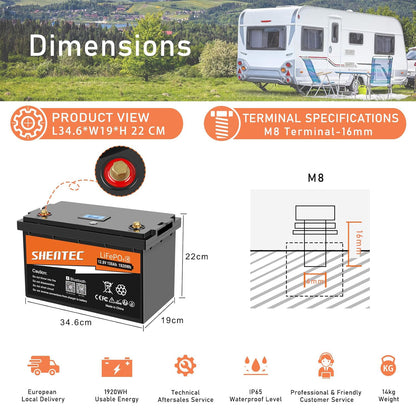 SHENTEC 12.8V 150Ah Batería De Litio LiFePO4 Con Bluetooth Para Autocaravana, Barco Y RV