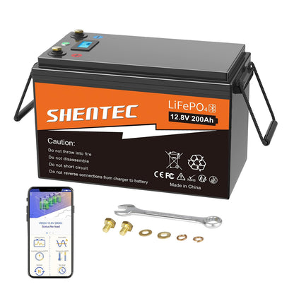 SHENTEC Batería LiFePO4 200Ah 12V de litio con BMS, pantalla LED y botón pulsador