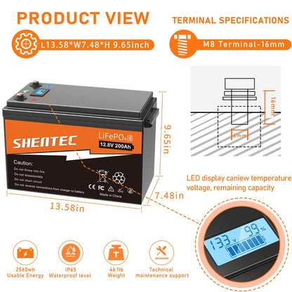 SHENTEC Batería LiFePO4 200Ah 12V de litio con BMS, pantalla LED y botón pulsador