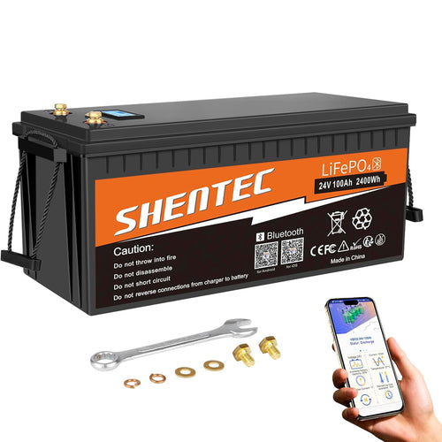 SHENTEC Batería LiFePO4 24V 100Ah con BMS para autocaravana, camping y RV