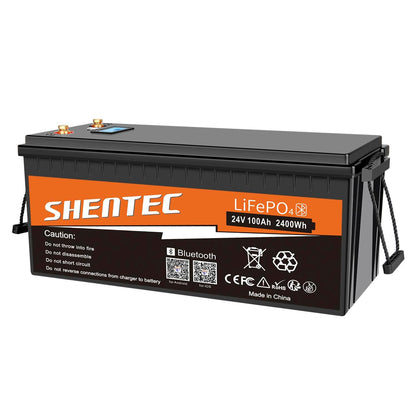 SHENTEC Batería LiFePO4 24V 100Ah con BMS para autocaravana, camping y RV