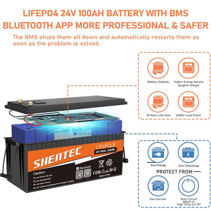 SHENTEC Batería LiFePO4 24V 100Ah con BMS para autocaravana, camping y RV