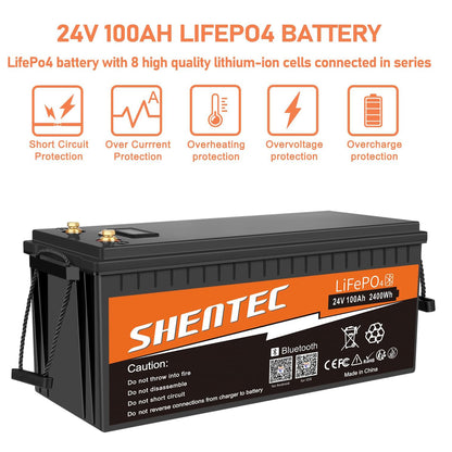 SHENTEC Batería LiFePO4 24V 100Ah con BMS para autocaravana, camping y RV