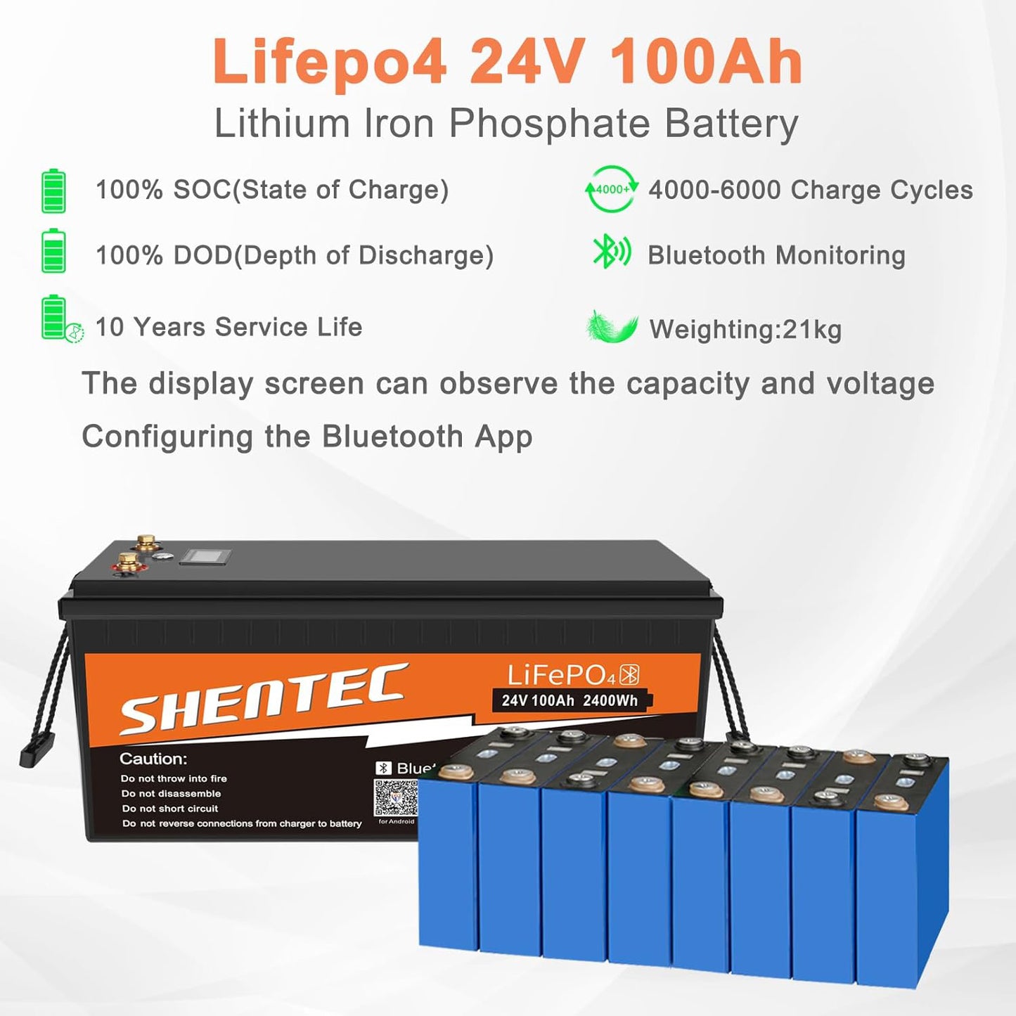 SHENTEC Batería LiFePO4 24V 100Ah con BMS para autocaravana, camping y RV