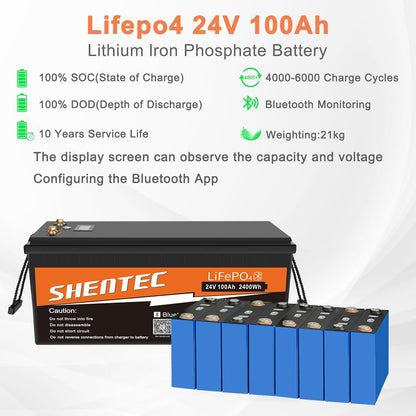 SHENTEC Batería LiFePO4 24V 100Ah con BMS para autocaravana, camping y RV