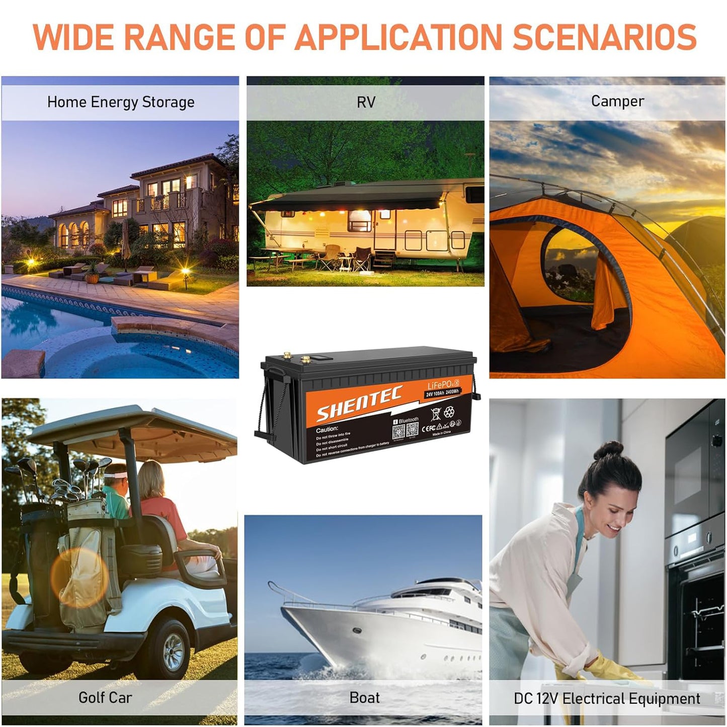 SHENTEC Batería LiFePO4 24V 100Ah con BMS para autocaravana, camping y RV