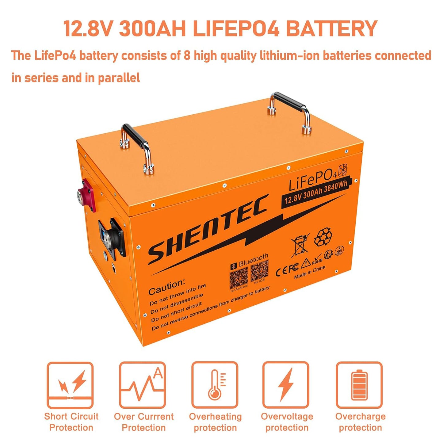 SHENTEC Batería LiFePO4 auto-calentable 12 V 300 Ah con BMS 200 A