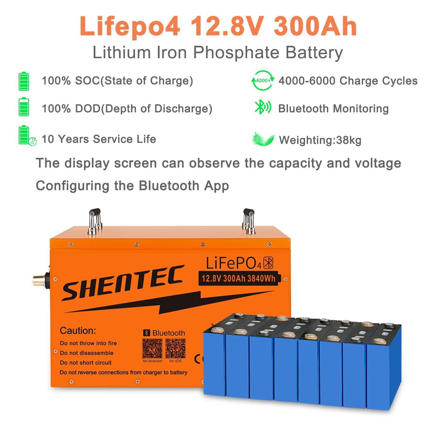 SHENTEC Batería LiFePO4 auto-calentable 12 V 300 Ah con BMS 200 A