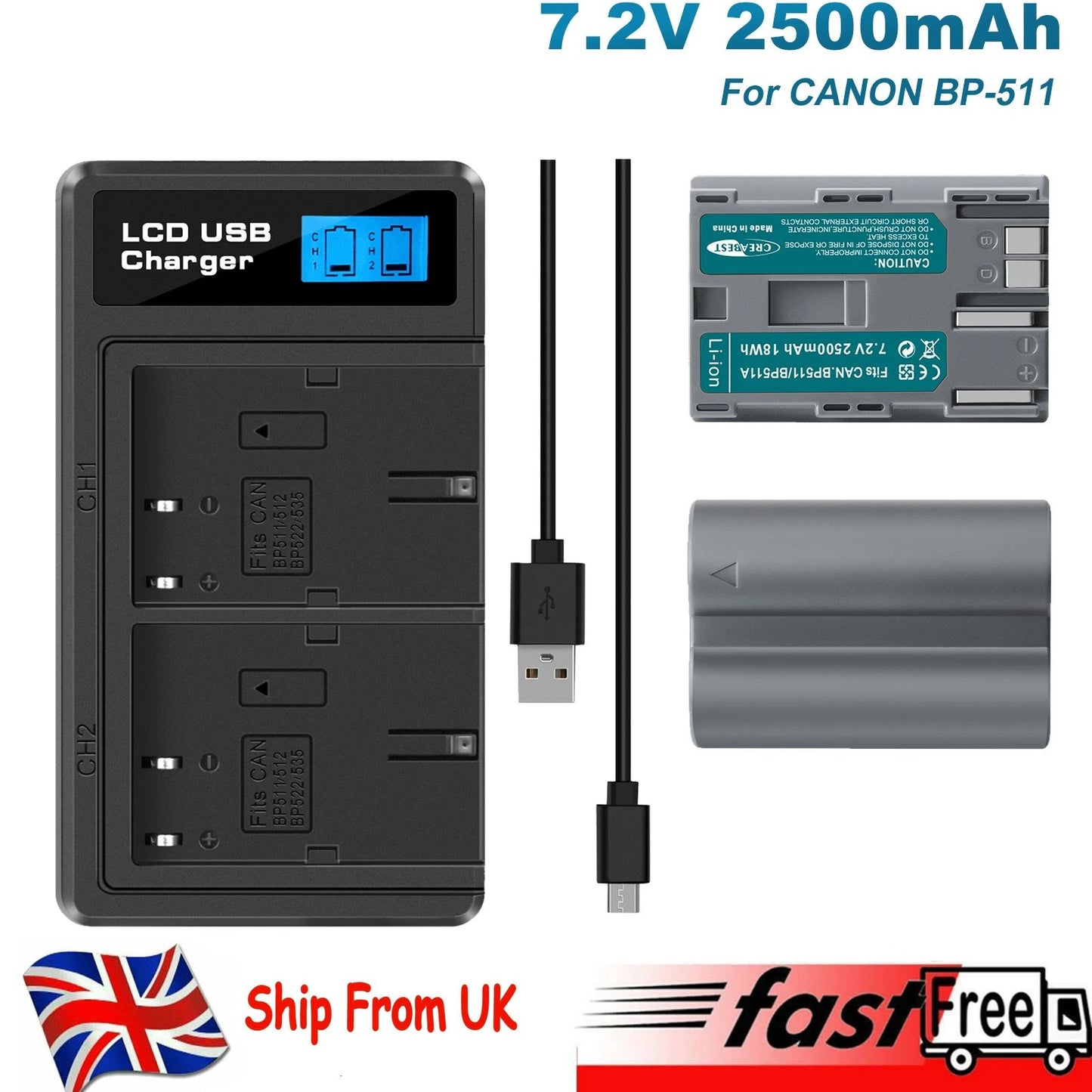 2x Batería BP-511 y Cargador Doble con LCD para Canon EOS 40D 50D BP-511A 300D 20D 30D