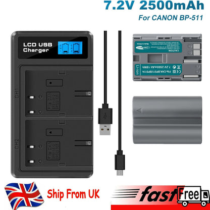 2x Batería BP-511 y Cargador Doble con LCD para Canon EOS 40D 50D BP-511A 300D 20D 30D