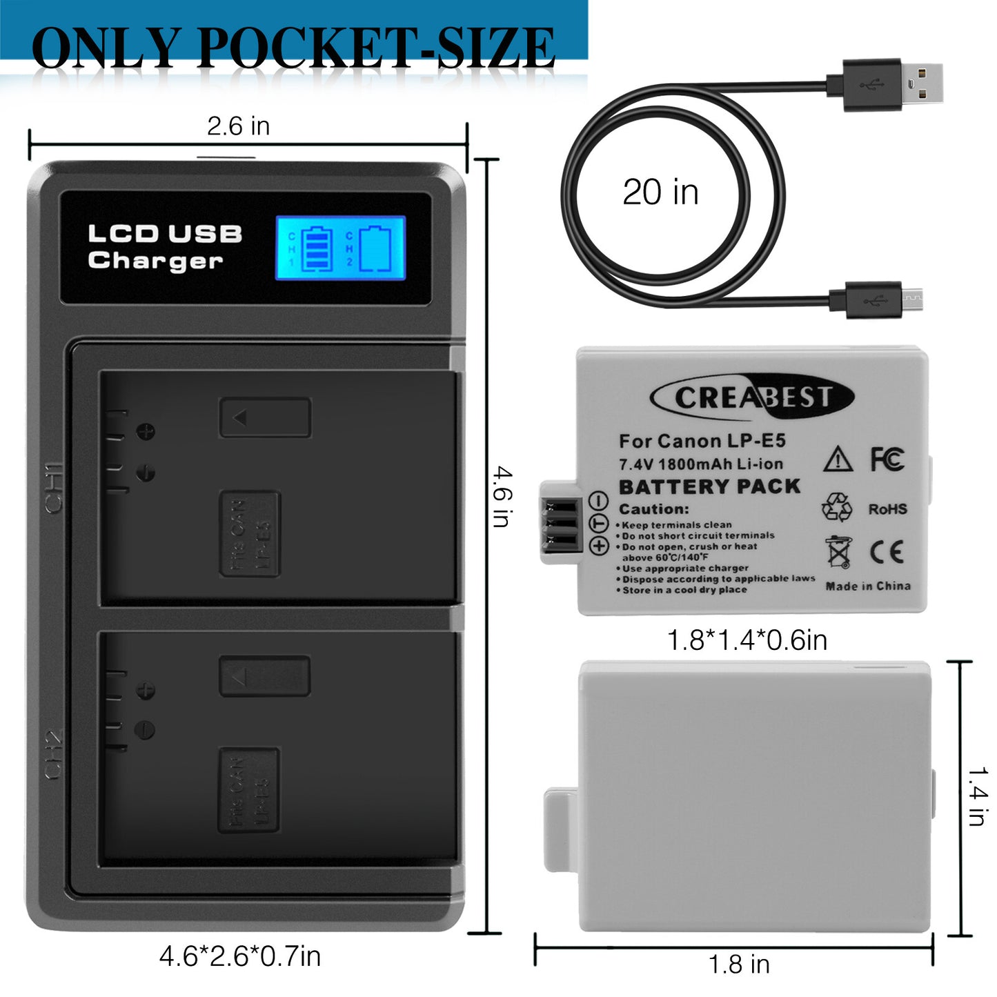 2× Batería LP-E5 1800mAh para Canon EOS 450D 500D 1000D Rebel T1i Xs Kiss X3 X2