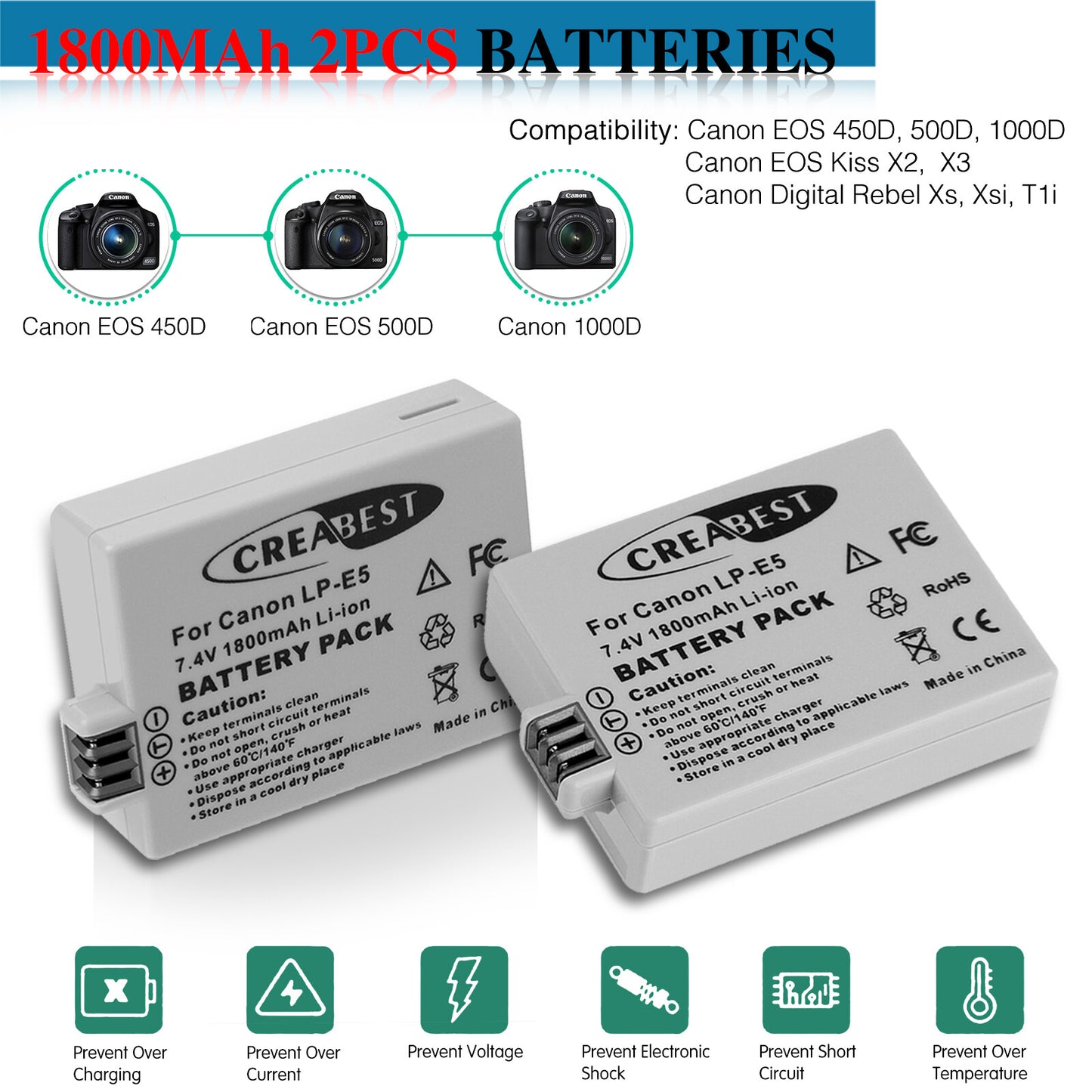 2× Batería LP-E5 1800mAh para Canon EOS 450D 500D 1000D Rebel T1i Xs Kiss X3 X2
