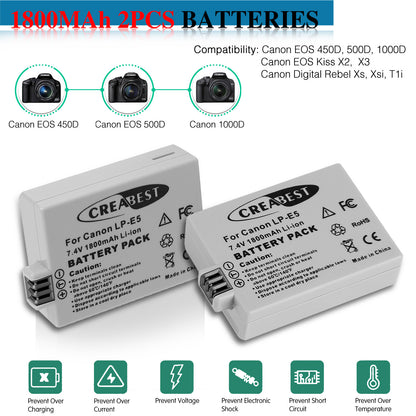 2× Batería LP-E5 1800mAh para Canon EOS 450D 500D 1000D Rebel T1i Xs Kiss X3 X2