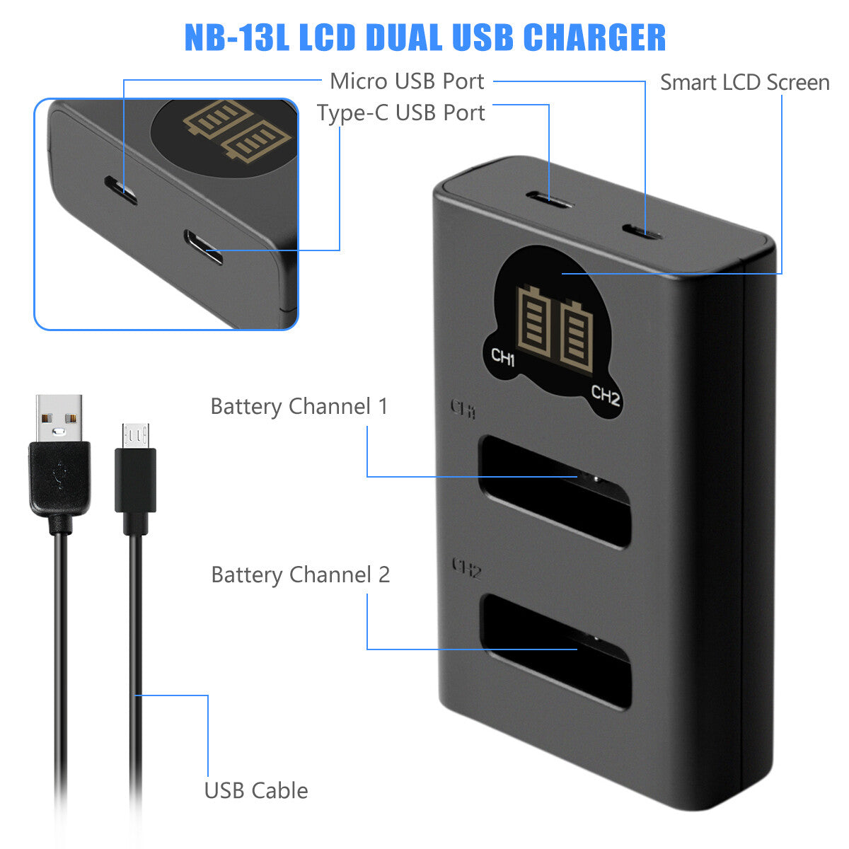 2x batería NB-13L + cargador LCD para Canon PowerShot SX620 HS G5X G7X Mark III II