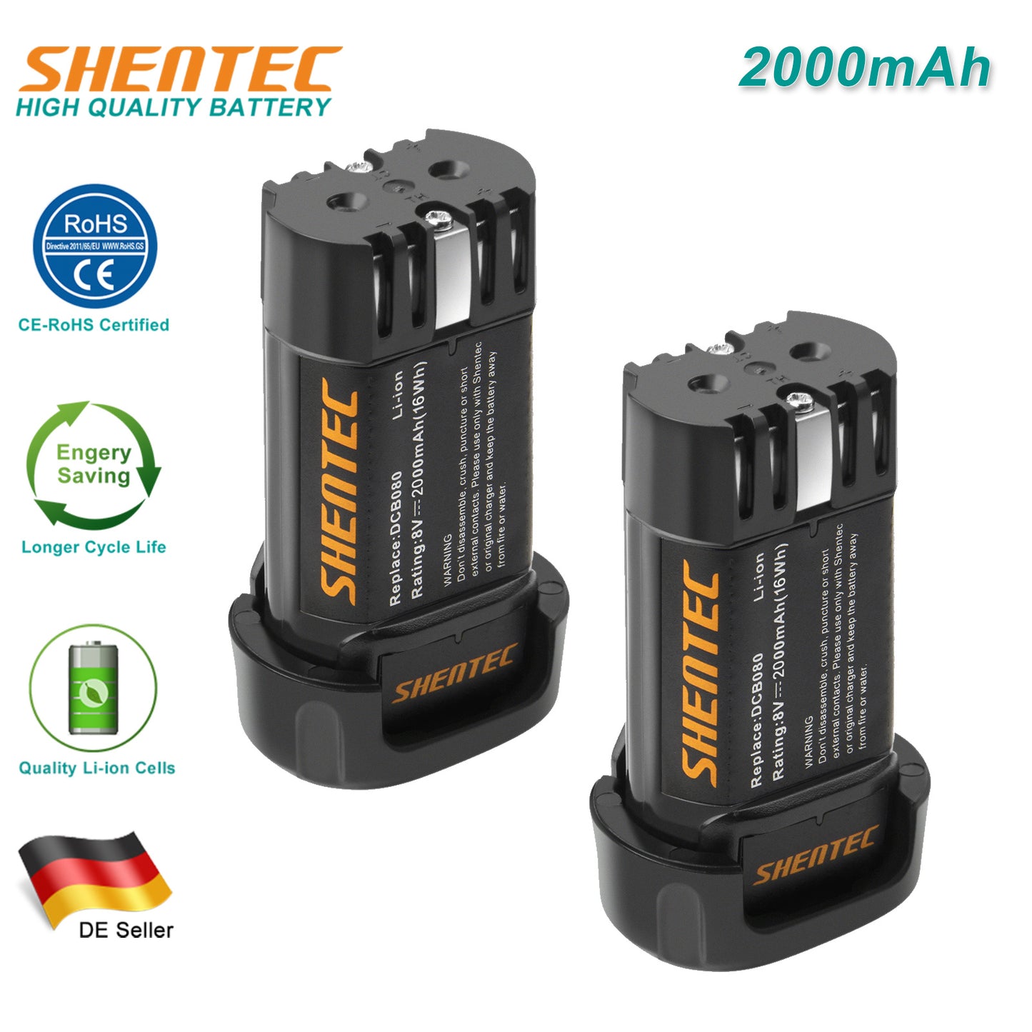 SHENTEC Paquete de 2 Baterías de Repuesto 2000mAh 8-Volt Compatible con DEWALT