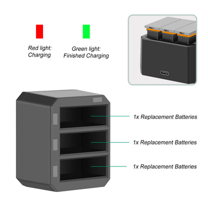 3x Baterías De 1350mAh + Cargador USB Rápido De 3 Canales Para DJI Osmo AB1 P01 PT1 Action