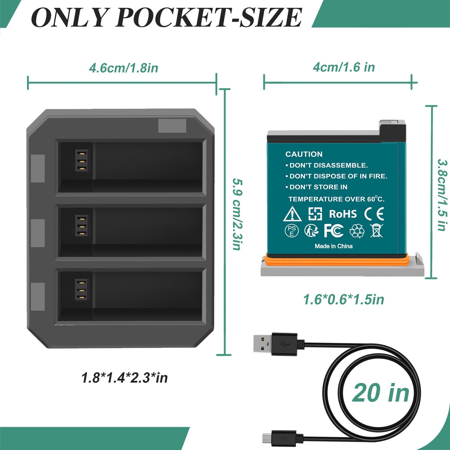 3x Baterías De 1350mAh + Cargador USB Rápido De 3 Canales Para DJI Osmo AB1 P01 PT1 Action