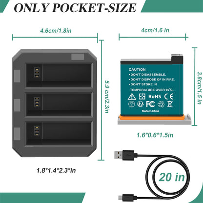 3x Baterías De 1350mAh + Cargador USB Rápido De 3 Canales Para DJI Osmo AB1 P01 PT1 Action