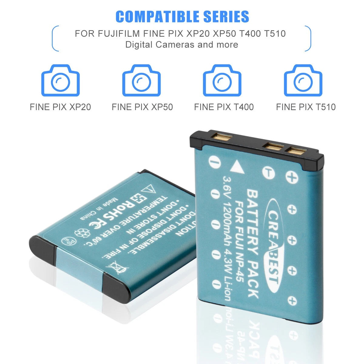 SHENTEC Batería 3.6V 1200mAh para Fujifilm NP-45, Olympus, Nikon EN-EL10 + Cargador