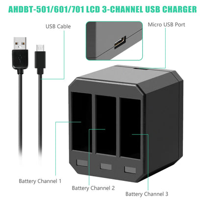 3Pcs Baterías AHDBT-501 601 701 Para GoPro HERO 7 Hero 6 5 Black + Cargador Triple