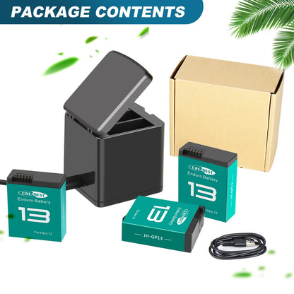 3x JH-GP13 Batería Enduro + caja de almacenamiento con cargador de tres canales para GoPro Hero 13