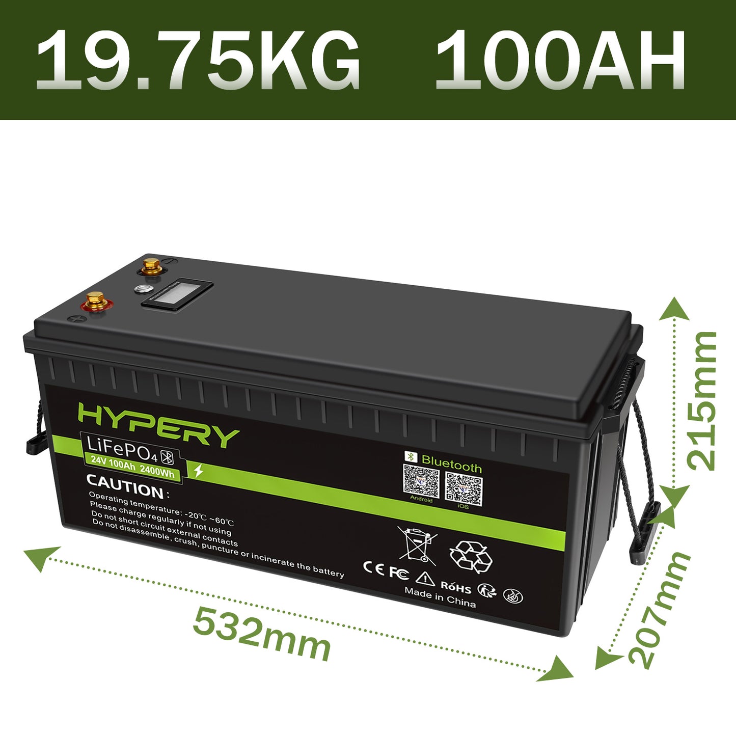 24V 100Ah LiFePO4 Lithium Battery BMS Deep Cycle Bluetooth LCD For Off-Grid Solar RV