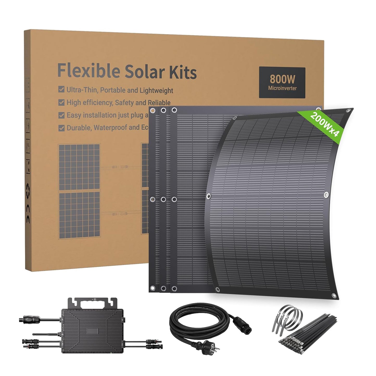 Kit solar flexible para balcón de 800 W con 4 paneles solares flexibles de 200 W e inversor de 800 W, enchufar y usar con cable AC de 5 m
