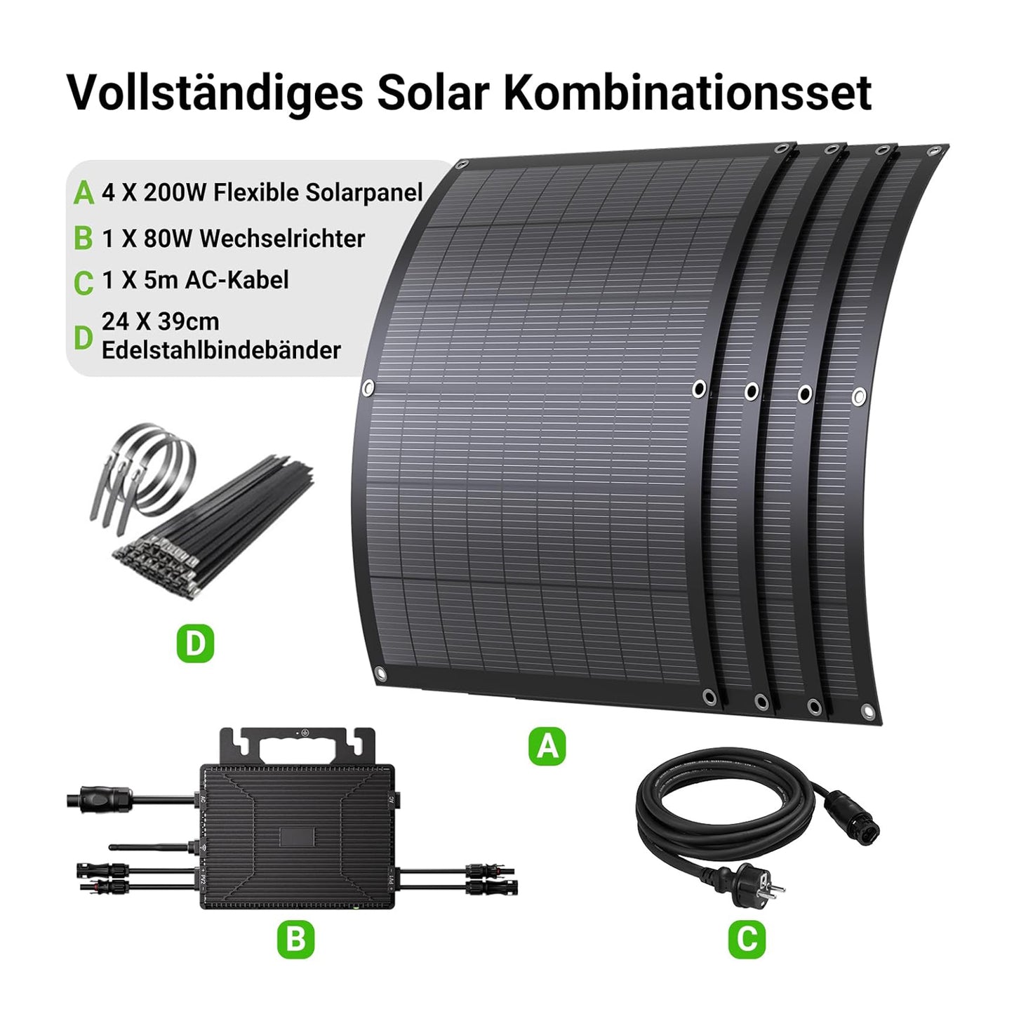 Kit solar flexible para balcón de 800 W con 4 paneles solares flexibles de 200 W e inversor de 800 W, enchufar y usar con cable AC de 5 m