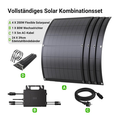 Kit solar flexible para balcón de 800 W con 4 paneles solares flexibles de 200 W e inversor de 800 W, enchufar y usar con cable AC de 5 m
