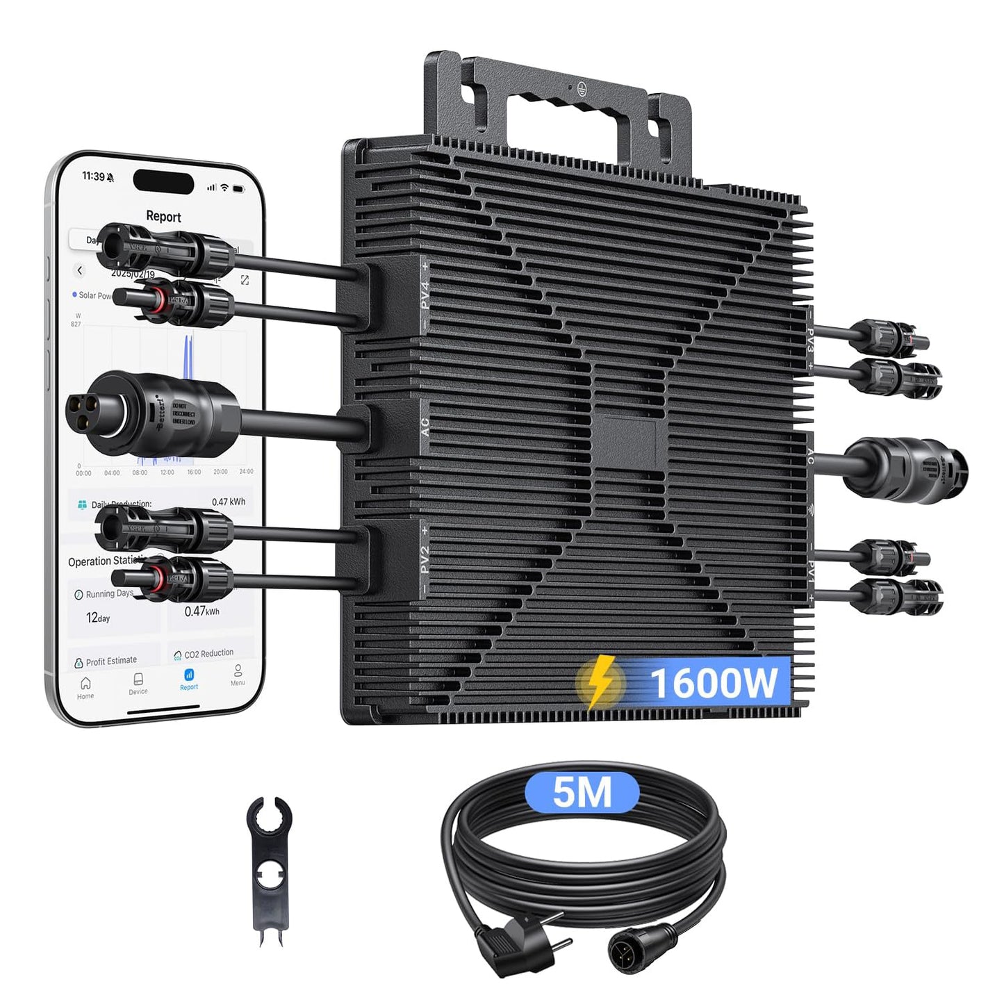 Microinversor de 1600 W, estación de energía para balcón con WiFi, Plug & Play, control por app, cable de CA de 5 m, inversor FV
