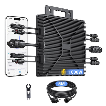 Microinversor de 1600 W, estación de energía para balcón con WiFi, Plug & Play, control por app, cable de CA de 5 m, inversor FV