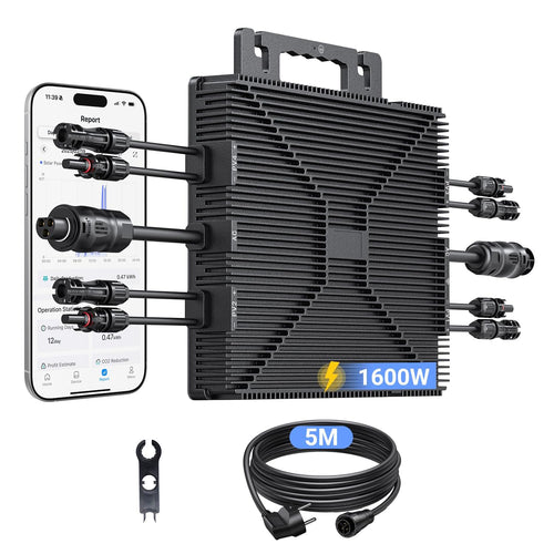Microinversor de 1600 W, estación de energía para balcón con WiFi, Plug & Play, control por app, cable de CA de 5 m, inversor FV